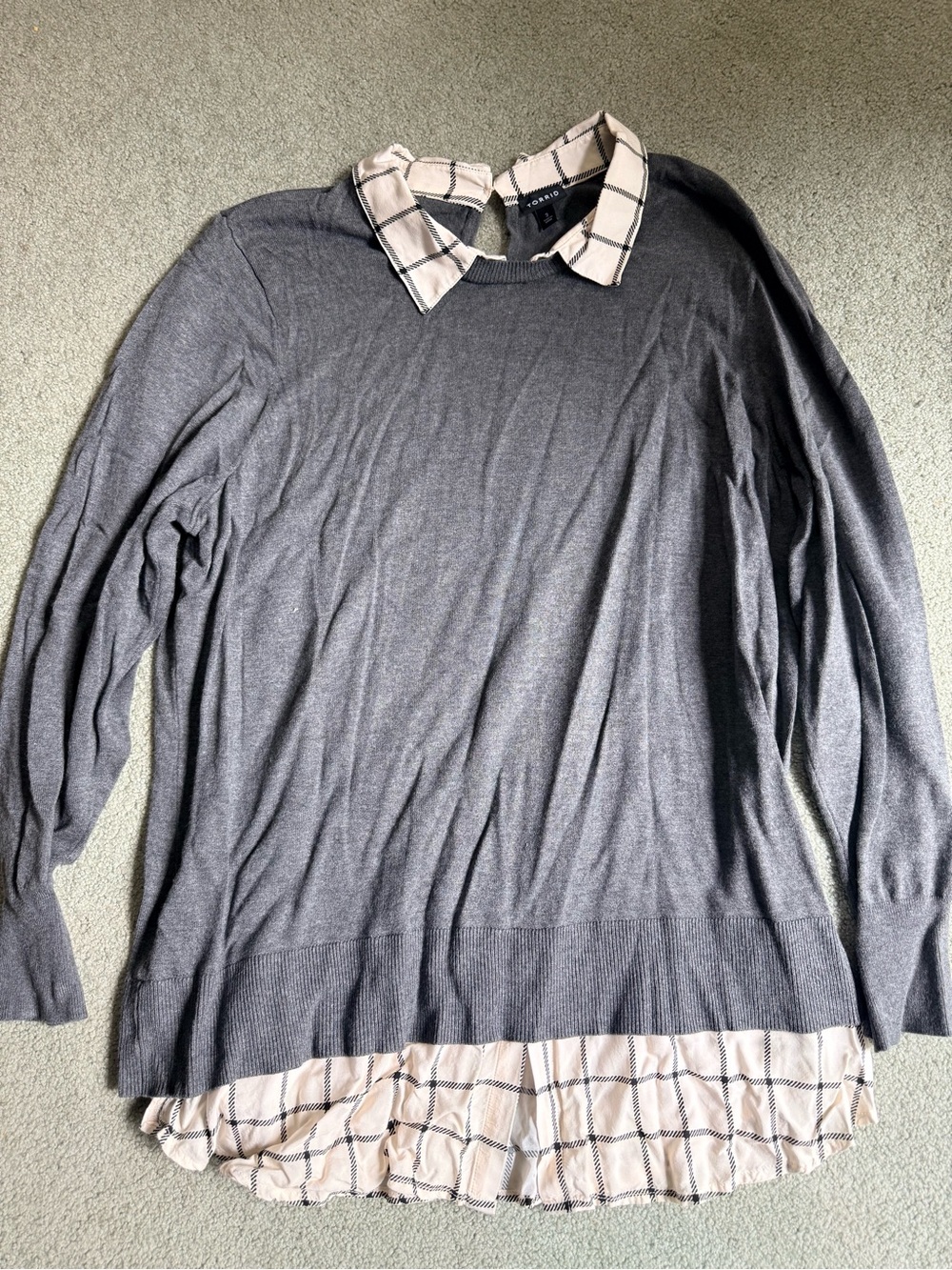 torrid Gray Crewneck Sweater with Cream Plaid Shirt Details